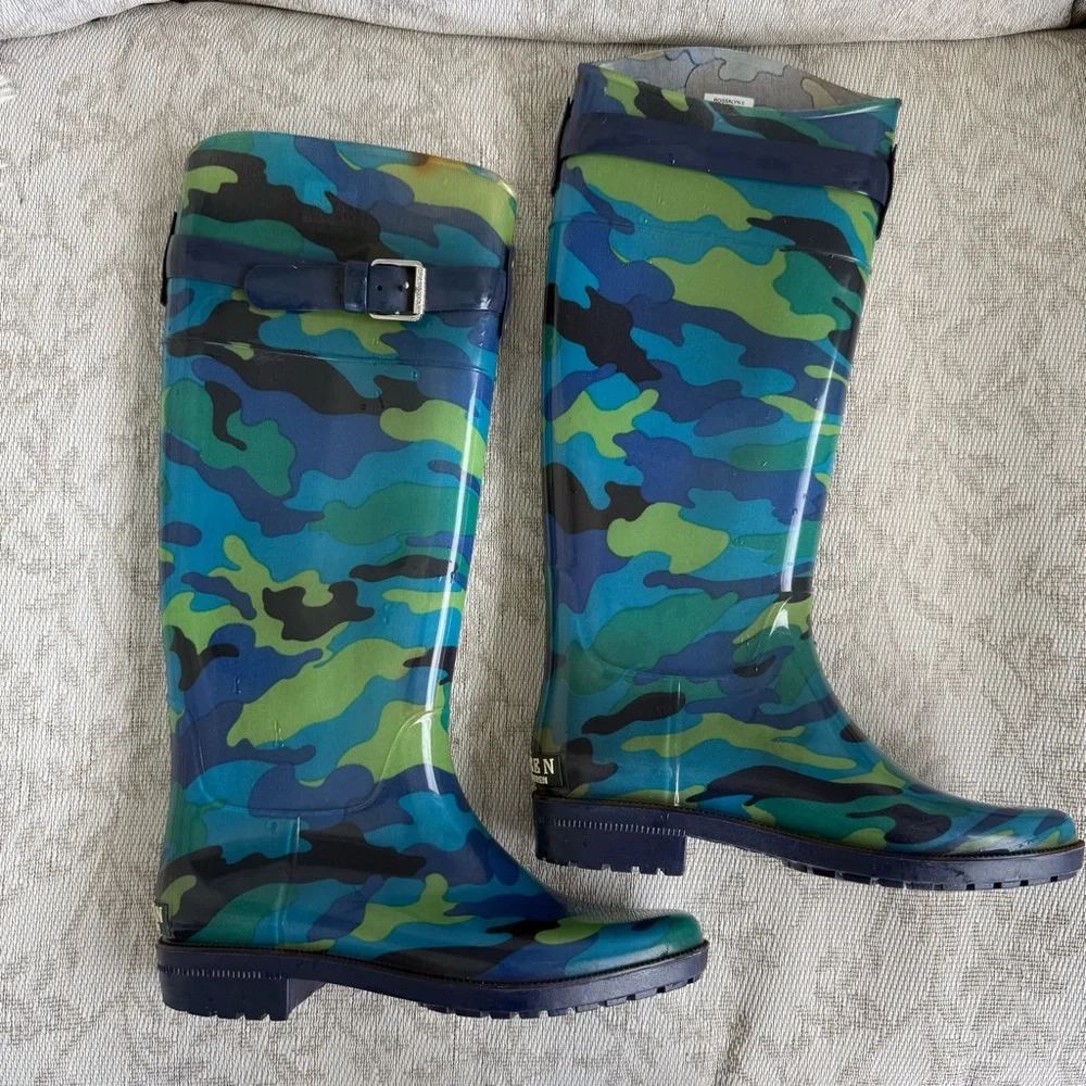 Ralph Lauren Rossalyn II Blue Green Camouflage Knee-High Rain Boots Womens 6 EUC